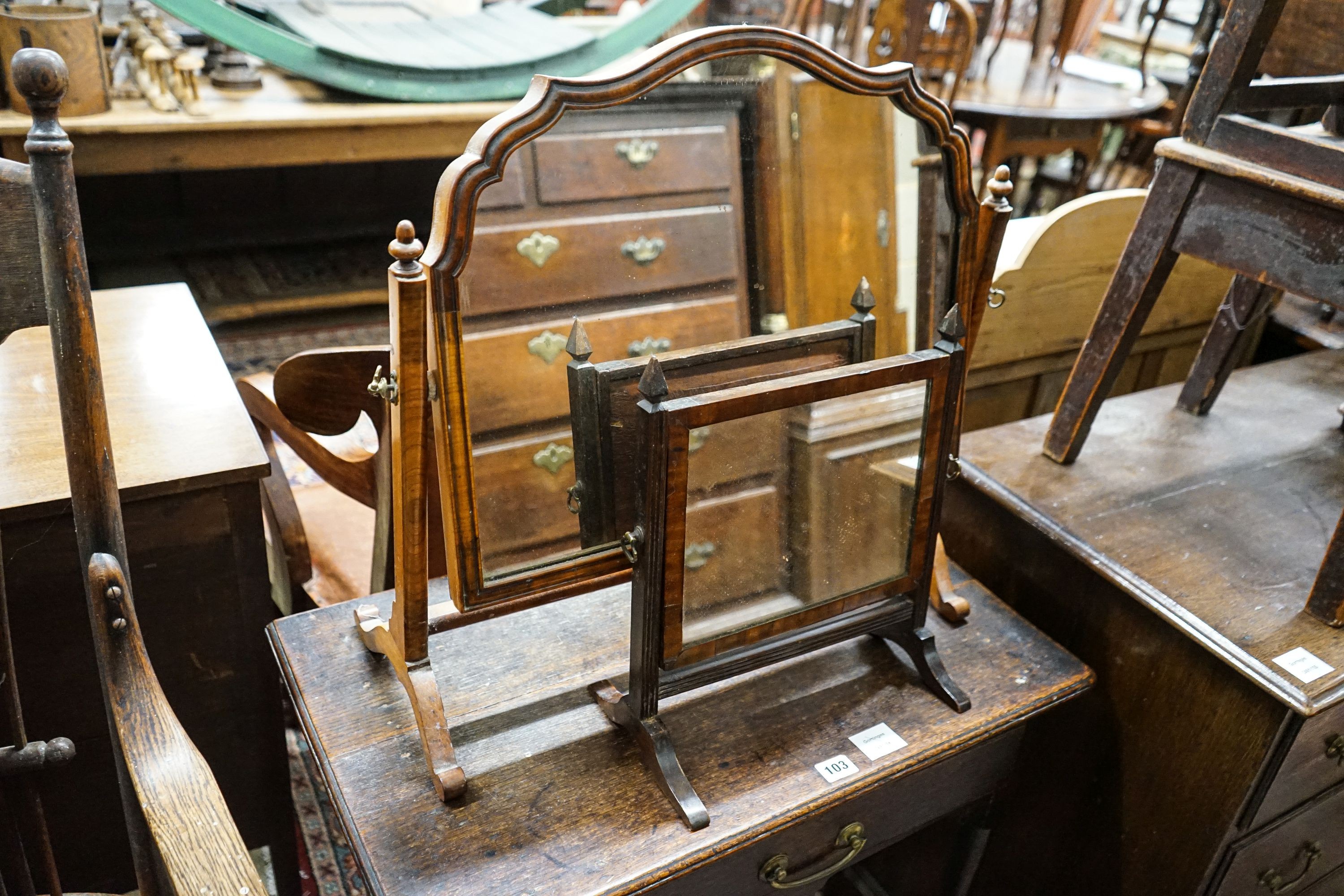 A mid 18th century elm tripod table, diameter 35cm (a.f.), height 57cm, a late Victorian oak stick back chair and two toilet mirrors